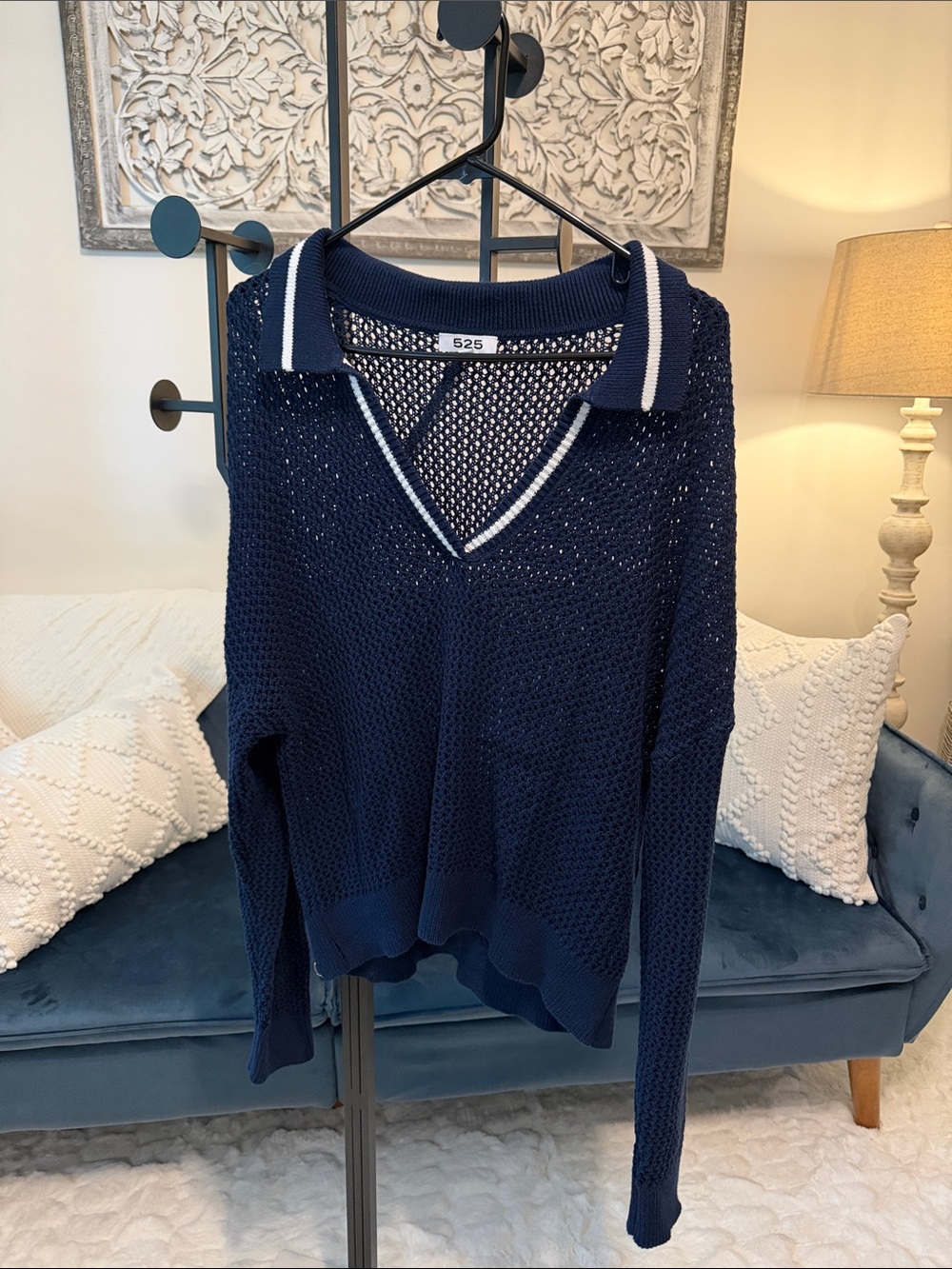 525 America Navy Open-Knit V-Neck Polo Sweater with White Trim